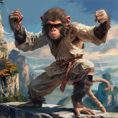 Affe in Kampfkunst-Pose vor dramatischer Berglandschaft (KI-Generiert)